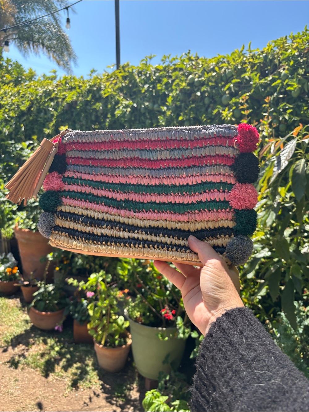 Loeffler Randall Multicolor Woven Pom Crossbody Clutch
